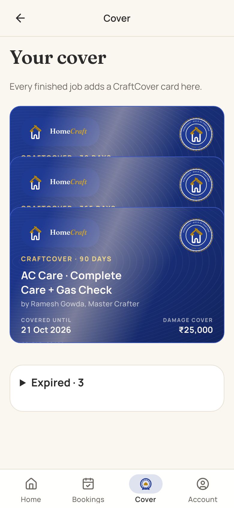 Your cover: a stack of blue CraftCover warranty cards, the top one for AC Care covered until 21 Oct 2026