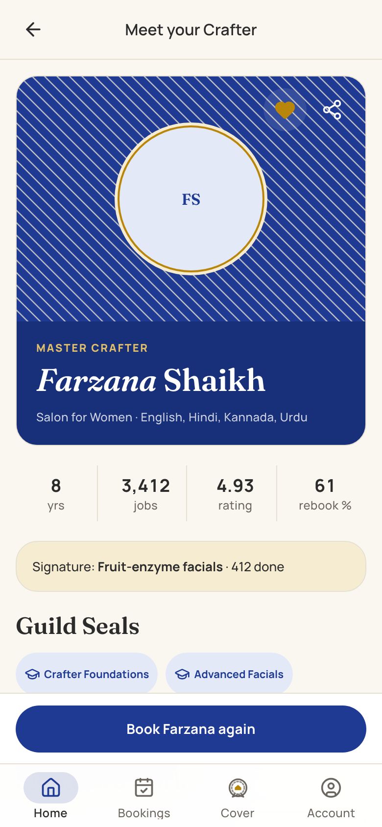Crafter profile for Farzana Shaikh with her Guild Seals