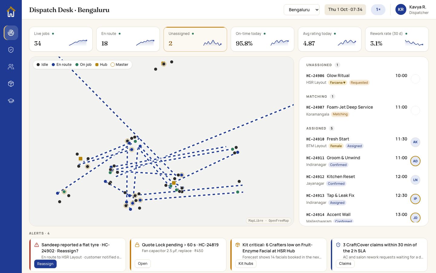 Dispatch Desk for Bengaluru: live job counts, a map of Crafters, the assignment queue and alerts