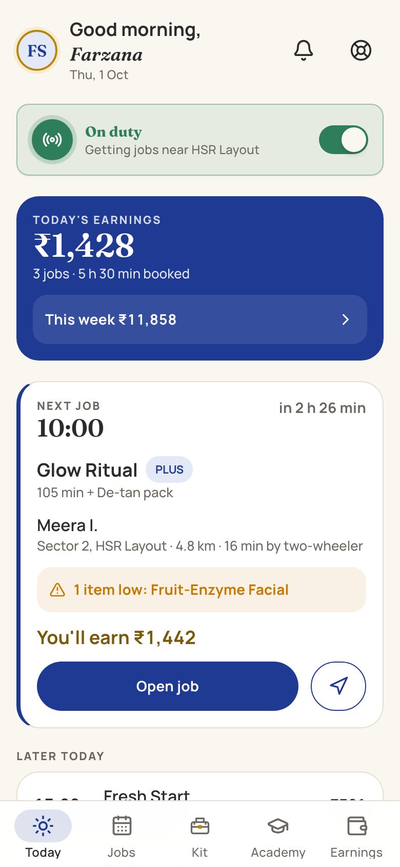 Crafter Pro today screen: on duty, today's earnings ₹1,428 and the next job at 10:00